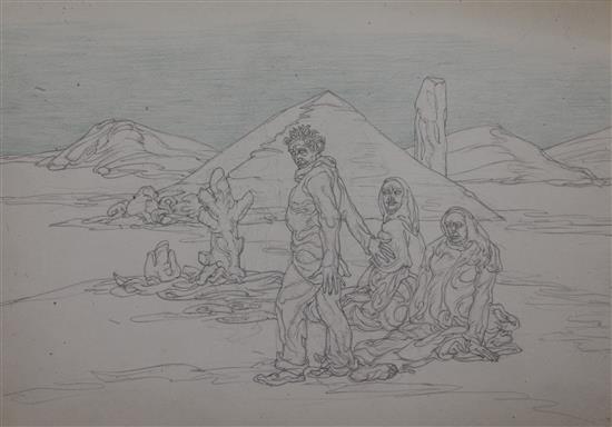 § Austin Osman Spare (1888-1956) Figures in a desolate landscape 7 x 10in. unframed.